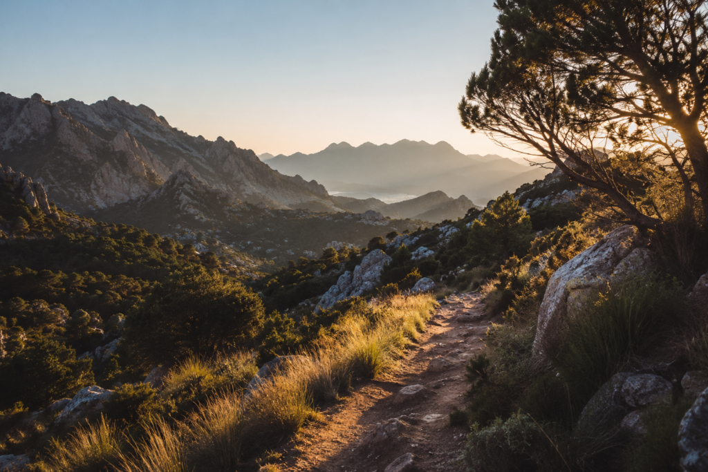 Sentier de randonnée en montagne au lever du soleil